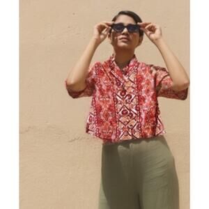 RACHEL ZOE Blouse Button-Up Cropped Aztec Top 100% Linen Red Orange Size M